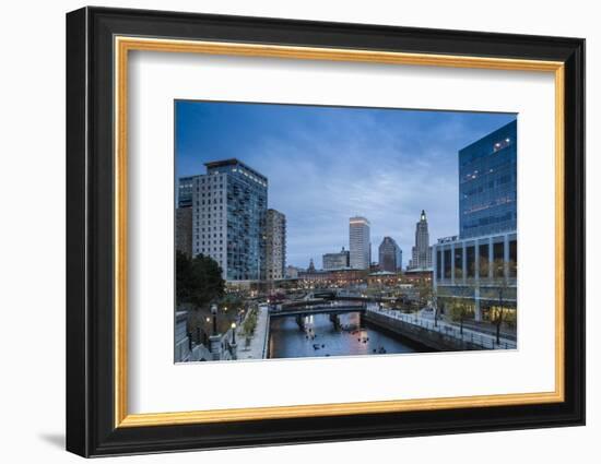 USA, Rhode Island, Providence, city skyline from Waterplace Park at dusk-Walter Bibikow-Framed Photographic Print