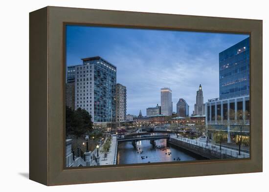 USA, Rhode Island, Providence, city skyline from Waterplace Park at dusk-Walter Bibikow-Framed Premier Image Canvas