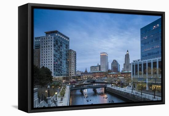 USA, Rhode Island, Providence, city skyline from Waterplace Park at dusk-Walter Bibikow-Framed Premier Image Canvas