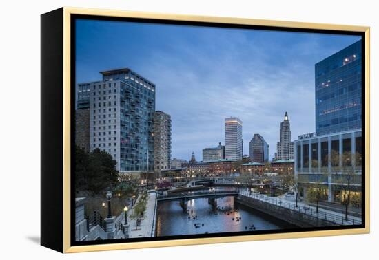 USA, Rhode Island, Providence, city skyline from Waterplace Park at dusk-Walter Bibikow-Framed Premier Image Canvas