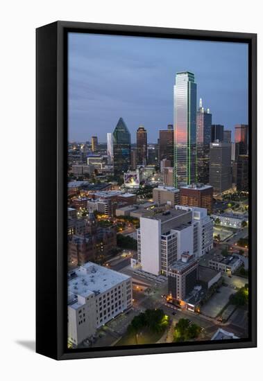 USA, Texas, Dallas. Overview of downtown Dallas from Reunion Tower at night.-Brent Bergherm-Framed Premier Image Canvas