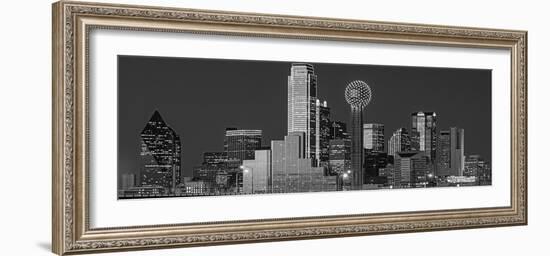 USA, Texas, Dallas, Panoramic view of an urban skyline at night BW, Black and White-null-Framed Photographic Print