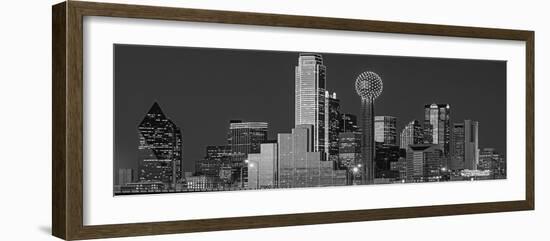 USA, Texas, Dallas, Panoramic view of an urban skyline at night BW, Black and White-null-Framed Photographic Print