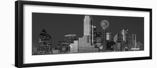 USA, Texas, Dallas, Panoramic view of an urban skyline at night BW, Black and White-null-Framed Photographic Print