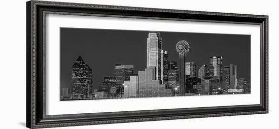 USA, Texas, Dallas, Panoramic view of an urban skyline at night BW, Black and White-null-Framed Photographic Print