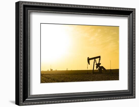 USA, Texas. Martin County, Pumpjack on cotton field at sunset-Alison Jones-Framed Photographic Print