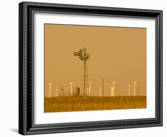 USA, Texas, Near Amarillo, Route 66, Old Windpump and Modern Wind Turbines-Alan Copson-Framed Photographic Print