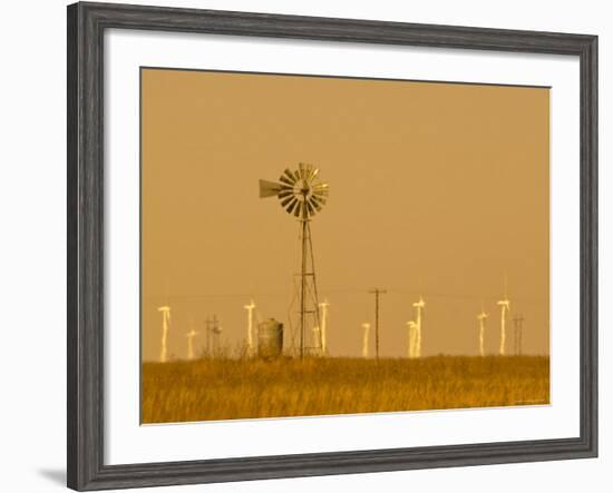 USA, Texas, Near Amarillo, Route 66, Old Windpump and Modern Wind Turbines-Alan Copson-Framed Photographic Print