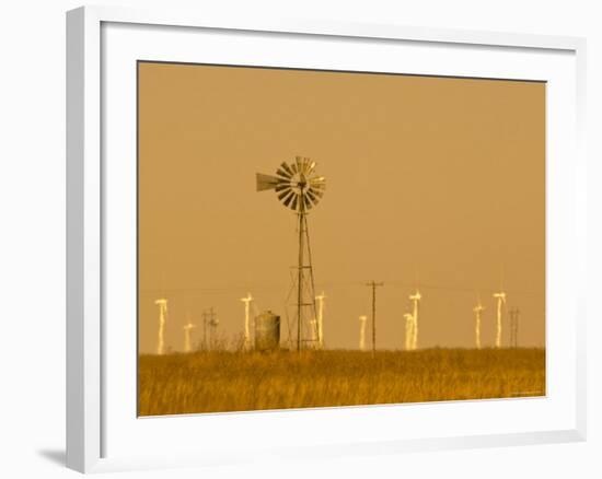 USA, Texas, Near Amarillo, Route 66, Old Windpump and Modern Wind Turbines-Alan Copson-Framed Photographic Print