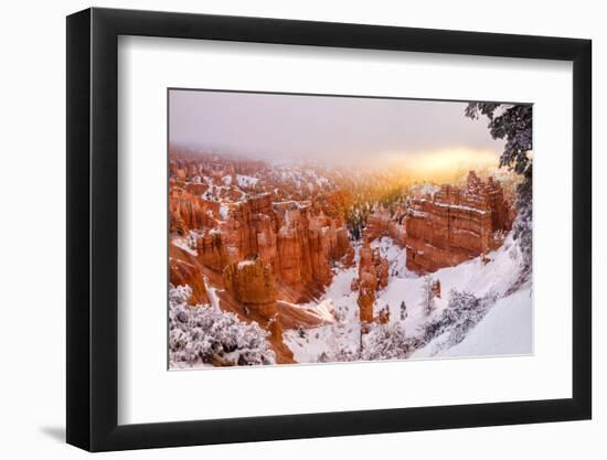 USA, Utah, Bryce Canyon National Park. Panoramic View of Sunrise Peeking Through the Fog and Cloud-Ann Collins-Framed Photographic Print