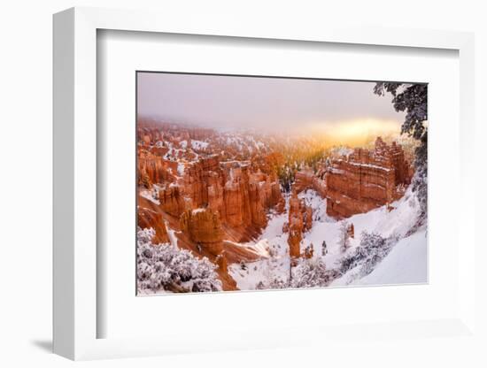 USA, Utah, Bryce Canyon National Park. Panoramic View of Sunrise Peeking Through the Fog and Cloud-Ann Collins-Framed Photographic Print