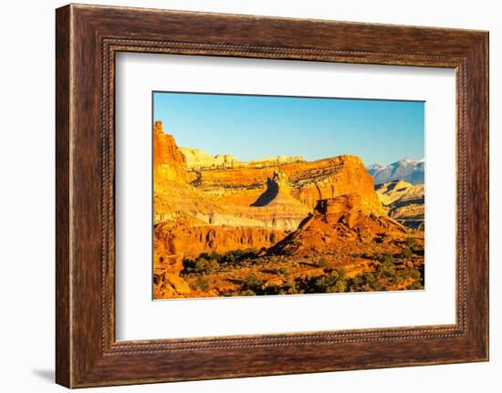 USA, Utah, Capitol Reef National Park. Eroded rock formations and mountain.-Jaynes Gallery-Framed Photographic Print