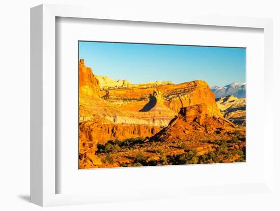 USA, Utah, Capitol Reef National Park. Eroded rock formations and mountain.-Jaynes Gallery-Framed Photographic Print