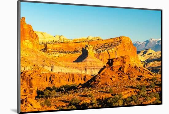 USA, Utah, Capitol Reef National Park. Eroded rock formations and mountain.-Jaynes Gallery-Mounted Photographic Print