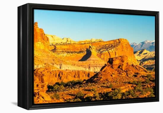 USA, Utah, Capitol Reef National Park. Eroded rock formations and mountain.-Jaynes Gallery-Framed Premier Image Canvas