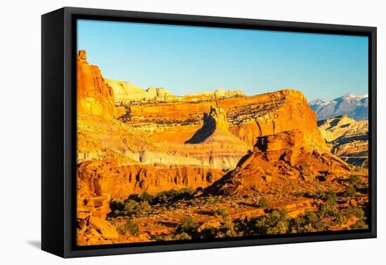 USA, Utah, Capitol Reef National Park. Eroded rock formations and mountain.-Jaynes Gallery-Framed Premier Image Canvas