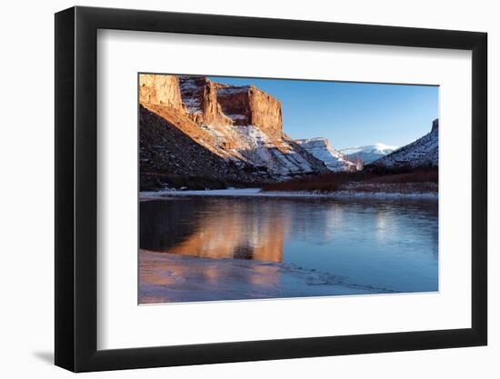 USA, Utah. Fisher Towers, La Sal Mountains, and canyon walls reflected in the icy Colorado River.-Judith Zimmerman-Framed Photographic Print