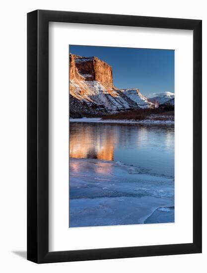 USA, Utah. Fisher Towers, La Sal Mountains, and canyon walls reflected in the icy Colorado River.-Judith Zimmerman-Framed Photographic Print