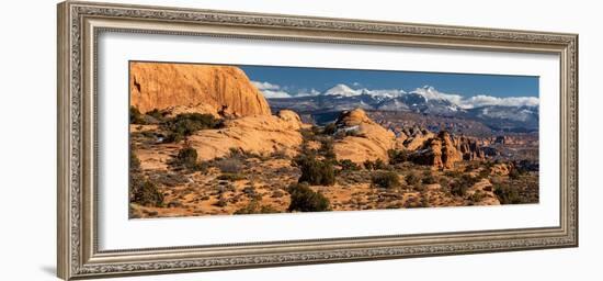 USA, Utah. Sandstone formations in Sand Flats Recreation Area with La Sal Mountain Range, near Moab-Judith Zimmerman-Framed Photographic Print