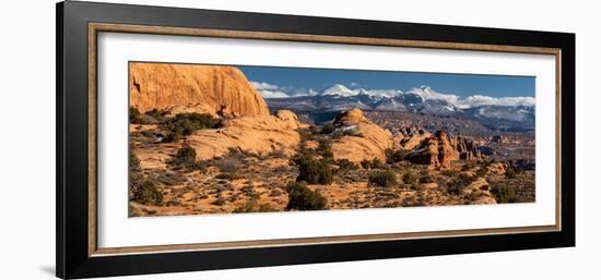 USA, Utah. Sandstone formations in Sand Flats Recreation Area with La Sal Mountain Range, near Moab-Judith Zimmerman-Framed Photographic Print