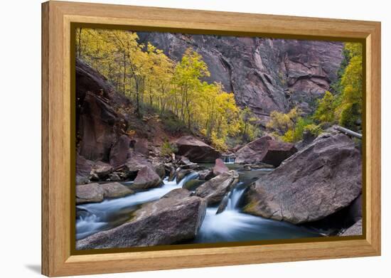 USA, Utah, Zion National Park. Canyon Waterfall with Cottonwood Trees-Jaynes Gallery-Framed Premier Image Canvas