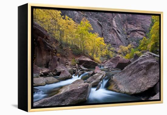USA, Utah, Zion National Park. Canyon Waterfall with Cottonwood Trees-Jaynes Gallery-Framed Premier Image Canvas