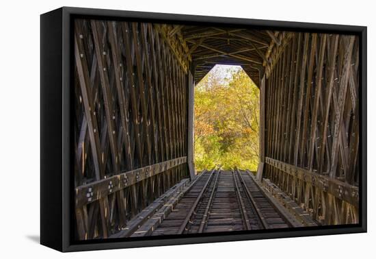 USA, Vermont, Fall foliage seen off Rt. 15, Wolcott, Fisher Covered Railroad Bridge (1908)-Alison Jones-Framed Premier Image Canvas