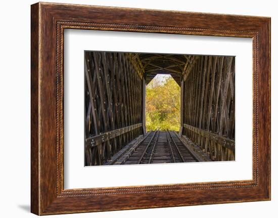 USA, Vermont, Fall foliage seen off Rt. 15, Wolcott, Fisher Covered Railroad Bridge (1908)-Alison Jones-Framed Photographic Print