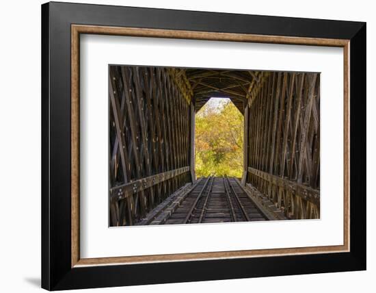 USA, Vermont, Fall foliage seen off Rt. 15, Wolcott, Fisher Covered Railroad Bridge (1908)-Alison Jones-Framed Photographic Print