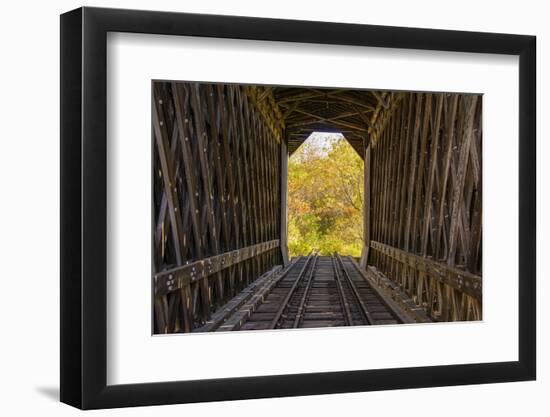 USA, Vermont, Fall foliage seen off Rt. 15, Wolcott, Fisher Covered Railroad Bridge (1908)-Alison Jones-Framed Photographic Print