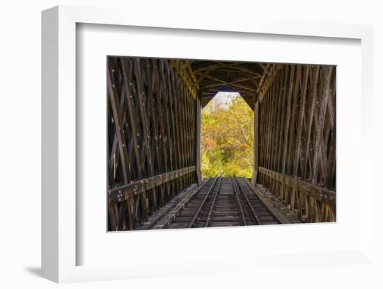 USA, Vermont, Fall foliage seen off Rt. 15, Wolcott, Fisher Covered Railroad Bridge (1908)-Alison Jones-Framed Photographic Print