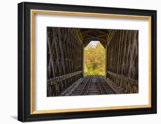 USA, Vermont, Fall foliage seen off Rt. 15, Wolcott, Fisher Covered Railroad Bridge (1908)-Alison Jones-Framed Photographic Print