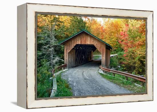 USA, Vermont, Montgomery. Creamery Bridge with Fall Foliage-Bill Bachmann-Framed Premier Image Canvas