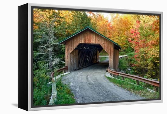 USA, Vermont, Montgomery. Creamery Bridge with Fall Foliage-Bill Bachmann-Framed Premier Image Canvas