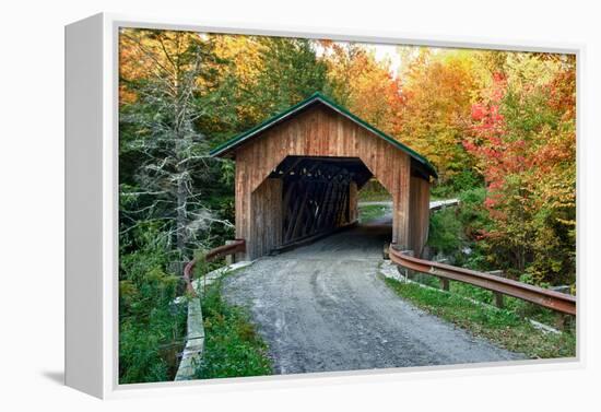 USA, Vermont, Montgomery. Creamery Bridge with Fall Foliage-Bill Bachmann-Framed Premier Image Canvas