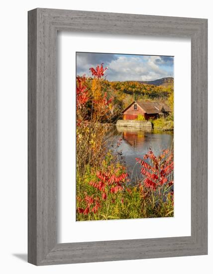 USA, Vermont, Moscow, mill on Little River pond there, fall foliage-Alison Jones-Framed Photographic Print