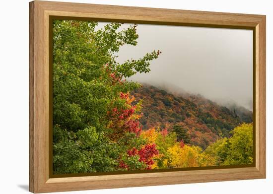 USA, Vermont, New England, Stowe Mt. Mansfield parking lot view with fog on mountains-Alison Jones-Framed Premier Image Canvas