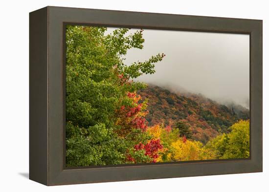 USA, Vermont, New England, Stowe Mt. Mansfield parking lot view with fog on mountains-Alison Jones-Framed Premier Image Canvas