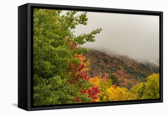 USA, Vermont, New England, Stowe Mt. Mansfield parking lot view with fog on mountains-Alison Jones-Framed Premier Image Canvas