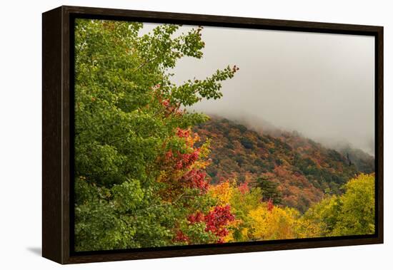 USA, Vermont, New England, Stowe Mt. Mansfield parking lot view with fog on mountains-Alison Jones-Framed Premier Image Canvas