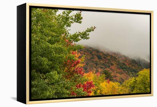 USA, Vermont, New England, Stowe Mt. Mansfield parking lot view with fog on mountains-Alison Jones-Framed Premier Image Canvas