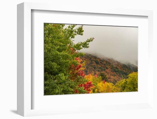 USA, Vermont, New England, Stowe Mt. Mansfield parking lot view with fog on mountains-Alison Jones-Framed Photographic Print