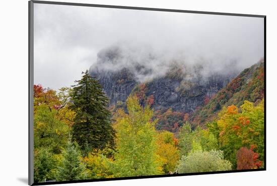 USA, Vermont, New England, Stowe Mt. Mansfield parking lot view with fog on mountains-Alison Jones-Mounted Photographic Print