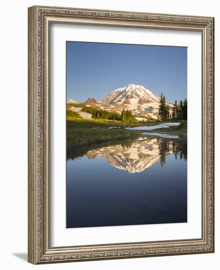 USA, WA. Tarn in Spray Park reflects Mt. Rainier in evening light at Mt. Rainier National Park.-Gary Luhm-Framed Photographic Print