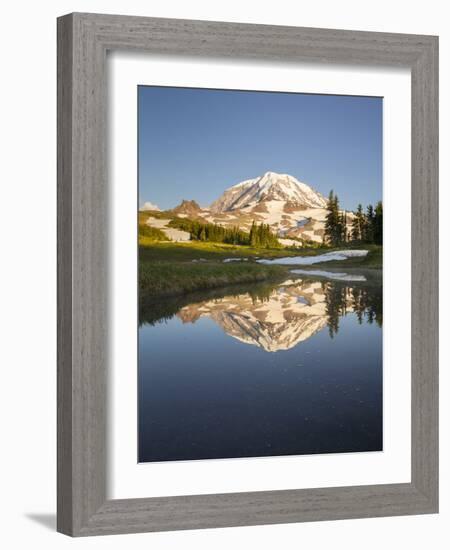 USA, WA. Tarn in Spray Park reflects Mt. Rainier in evening light at Mt. Rainier National Park.-Gary Luhm-Framed Photographic Print