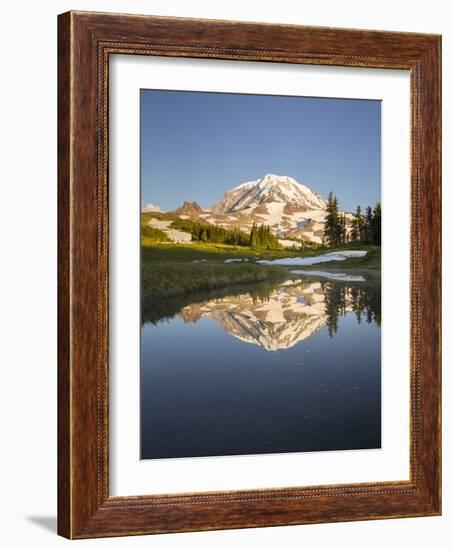 USA, WA. Tarn in Spray Park reflects Mt. Rainier in evening light at Mt. Rainier National Park.-Gary Luhm-Framed Photographic Print