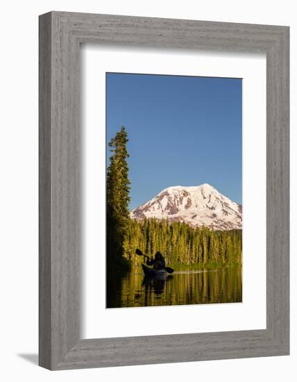 USA, WA. Woman kayaker paddles on calm, scenic Takhlakh Lake with Mt. Adams in the background.-Gary Luhm-Framed Photographic Print