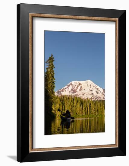 USA, WA. Woman kayaker paddles on calm, scenic Takhlakh Lake with Mt. Adams in the background.-Gary Luhm-Framed Photographic Print