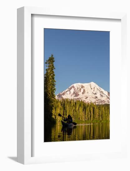 USA, WA. Woman kayaker paddles on calm, scenic Takhlakh Lake with Mt. Adams in the background.-Gary Luhm-Framed Photographic Print