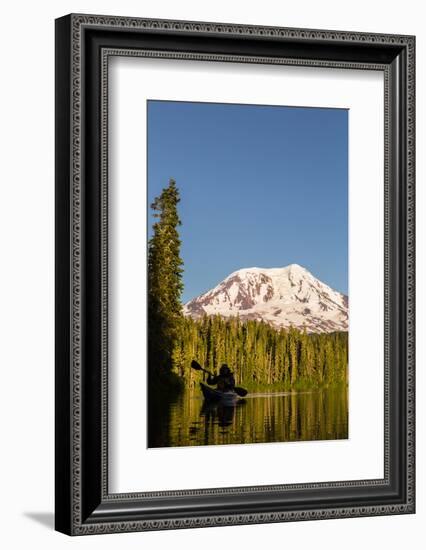 USA, WA. Woman kayaker paddles on calm, scenic Takhlakh Lake with Mt. Adams in the background.-Gary Luhm-Framed Photographic Print